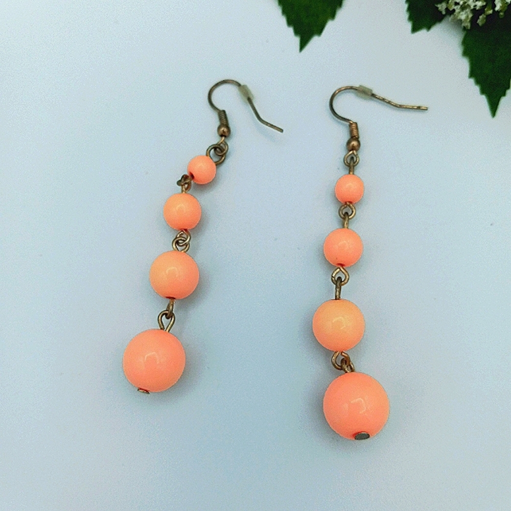 Bead Dangle Earrings Pastel Peach Pierced Ear Hook With Backs Boho Cute